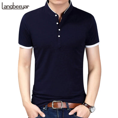 2018 Summer New Fashion Brand Clothing Tshirt Men Solid Color Slim Fit Short Sleeve T Shirt Men Mandarin Collar Casual T-Shirts